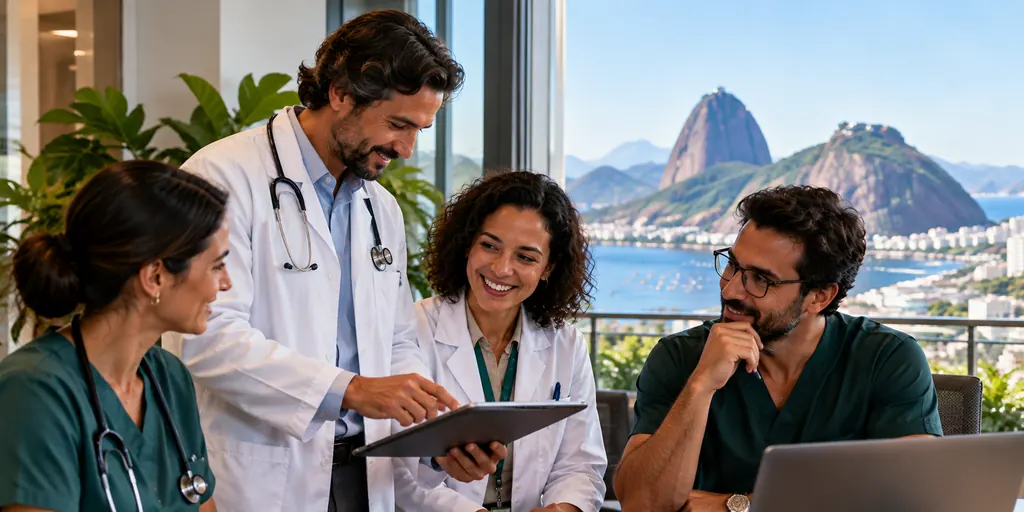 Equipe de profissionais de saúde reunida em um escritório com vista para o Rio de Janeiro
