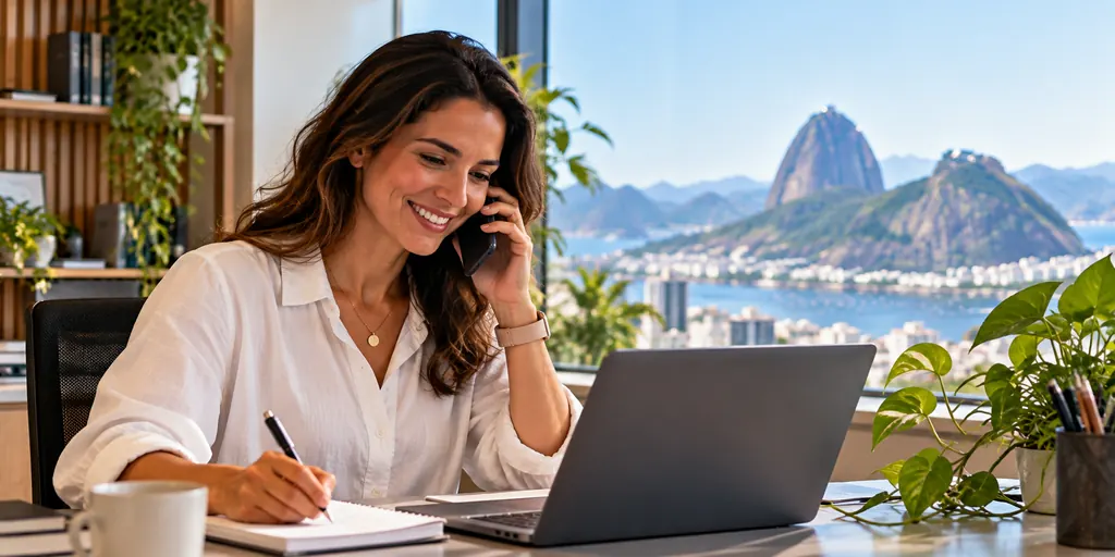 Profissional conversa ao telefone enquanto faz anotações em seu escritório