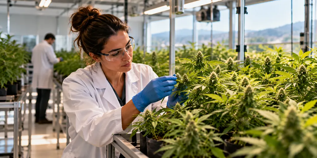 Profissional examinando plantas de cannabis em uma estufa de cultivo — imagem ilustrativa de um módulo em desenvolvimento