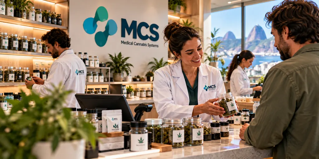 Atendente de uma associação no balcão de dispensação, com produtos organizados ao fundo