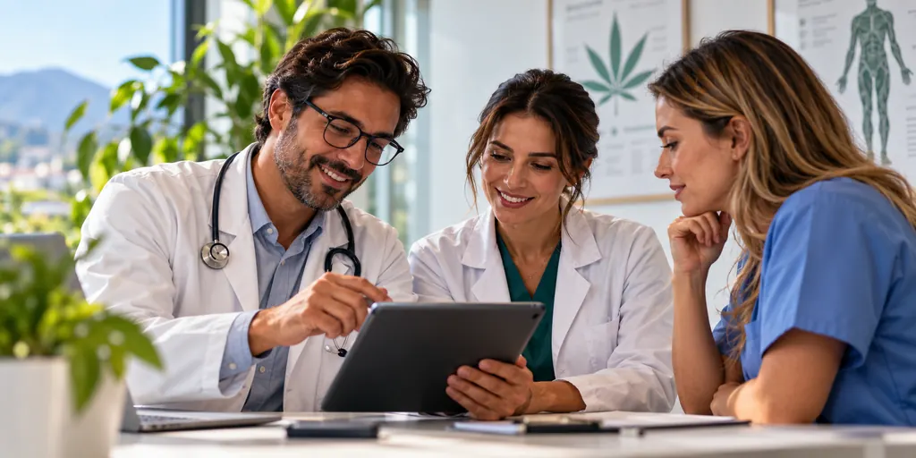 Médico e profissionais de saúde analisam informações em um tablet